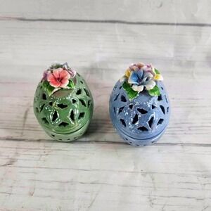 Floral Ceramic Pierced Egg Trinket Boxes Set‎ of 2 Easter Decor